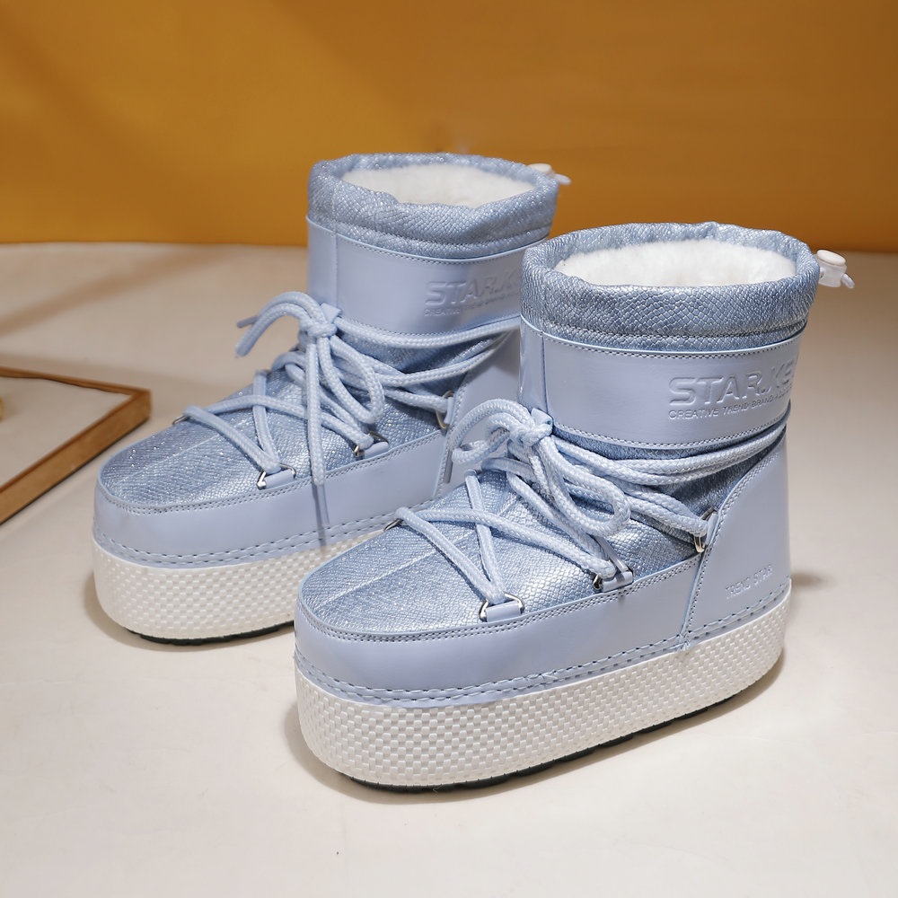 Botas de nieve para padres y niños transfronterizos de esquí de color brillante, botas de luna para mujeres gruesas, botas espaciales impermeables y antideslizantes