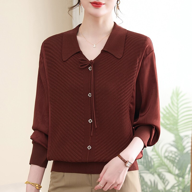 New Chinese Style Ice Silk Knitted Tops for Women, Spring & Fall Mother's Wear, Thin Loose T-Shirts, Middle-Aged and Elderly Women's Lapel Bottoming Shirts