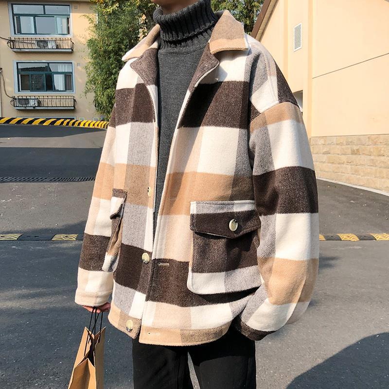 Men's short woolen overcoat, Hong Kong style, Korean style, trendy loose woolen trench coat, handsome youth plaid coat