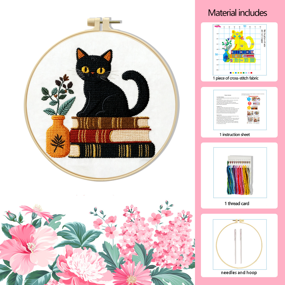 Fábrica directa de bordado cruzado transfronterizo Amazon tres pequeños gatos negros pequeños kits de bordado simple DIY