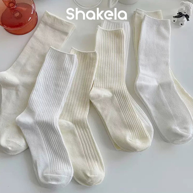 Women's Socks for Spring and Autumn, Combed Cotton, Vertical Stripe Mid-Calf Socks, White Socks, Loose Cuff Long Socks, Simple Sweat-Absorbing Socks, Holiday Casual