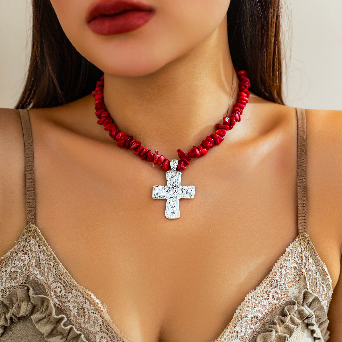 Jewelry Turquoise Beaded Stone Women's Versatile Cross Necklace_voghion.com