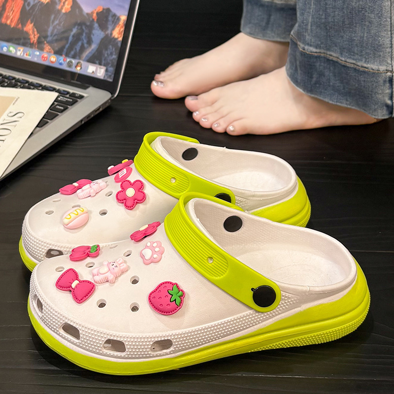 2025 New Puff Pvc Cute Cartoon Croc Shoes Women's Summer New Heightening Thick-Soled Anti-Slip Sandals