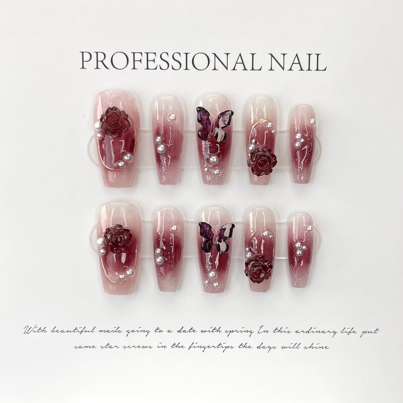 Pure Hand-Wearing Nail Spicy Wine Red Camellia Butterfly Fake Nail Hand-Wearing Nail Patch White