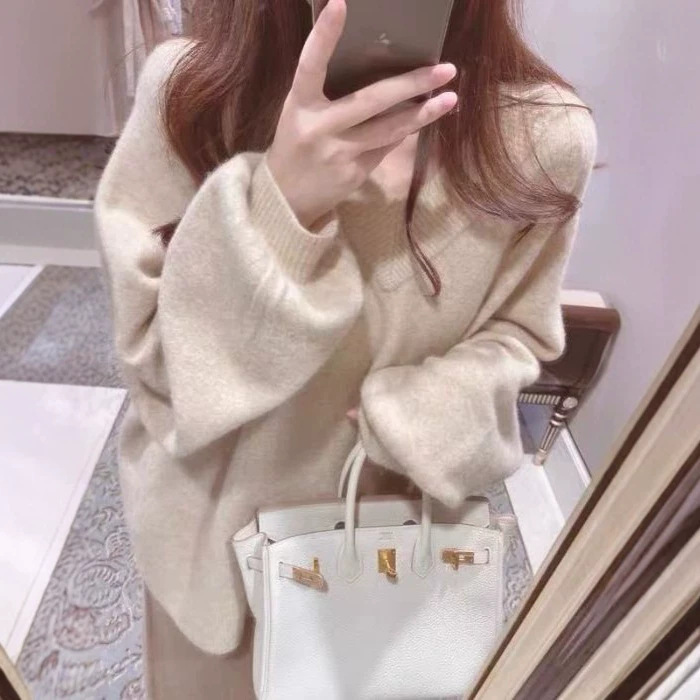 Jianmanni Autumn/Winter Raccoon Fur V-Neck Sweater for Women, Korean Style Loose Lazy Lantern Sleeve Fashionable Versatile Knitwear