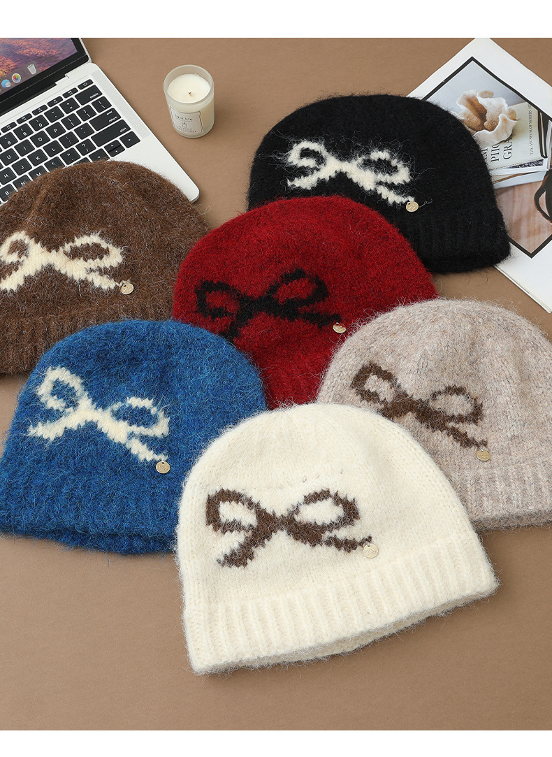 Swee Cue Bow Jacquard Knied Beanie Auumn Winer Lierary Versaile Large Head Circumference Wool Cold-proof Warm_voghion.com