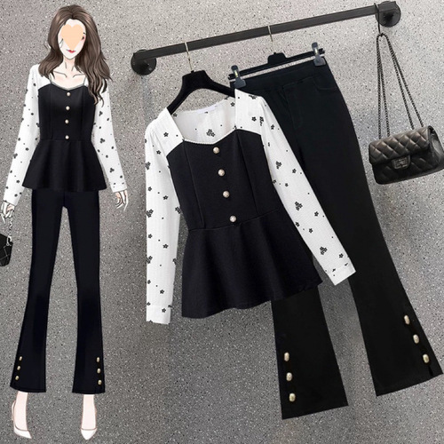 Slimming Set for Women with Plus Size Style, Spring and Autumn 2025, for Chubby Sisters, Tummy Covering, Waist Cinching Shirt, Bell Bottom Pants
