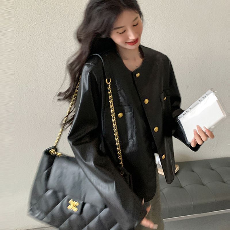 小香风皮衣外套女春秋2025新款pu皮夹克小个子高级感炸街流行上衣|undefined