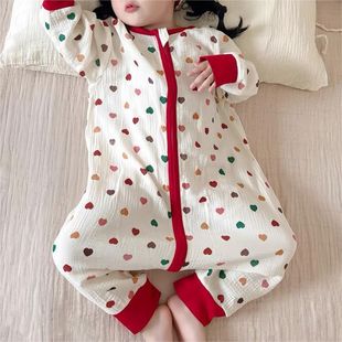 Summer Girls Pure Cotton Long-Sleeved Sleeping Bag Baby Air-Conditioned Room Anti-Cold Boy Thin Double-Layer Gauze Jumpsuit