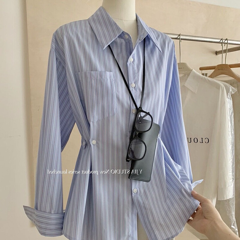 Loose Blue Striped Shirt Sense Niche Design Korean Style New Fashion Tight Waist Slimming Casual Base Top