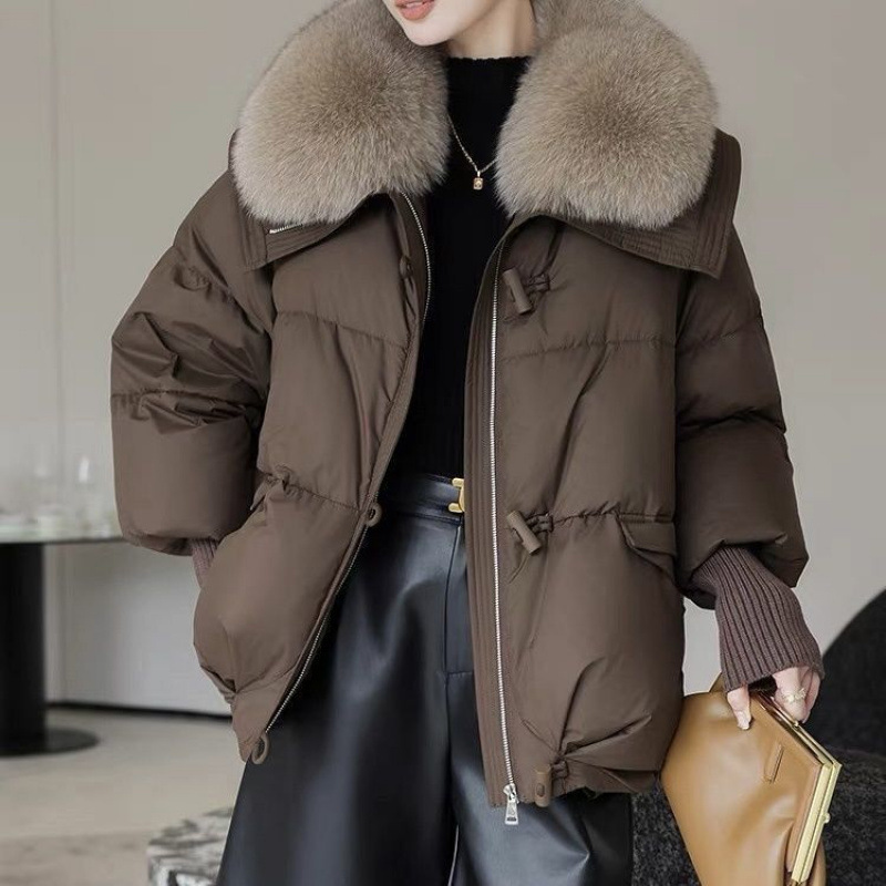 Trendy Slim-Fit Large Fur Collar down Cotton Jacket for Women, Short Winter Coat, Korean Style Thickened Puffer Jacket