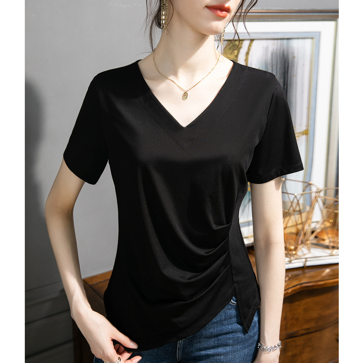 Camiseta de manga corta ropa de mujer 2025 nueva ropa de mujer con aberturas irregulares, top fino y elegante, camiseta de algodón, cabello de una pieza