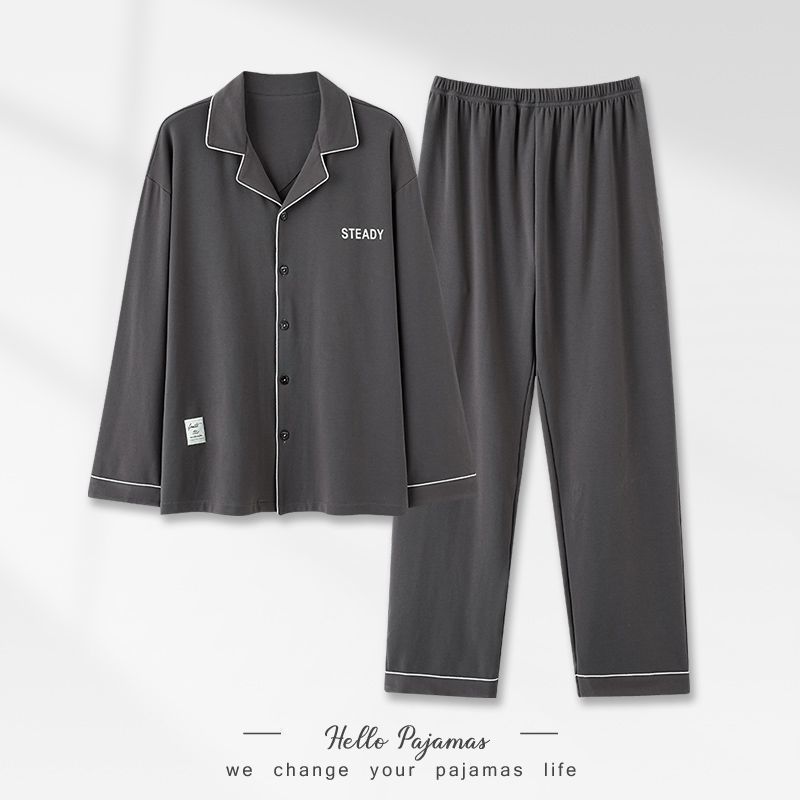 Pijamas de algodón para hombres primavera y otoño delgados de manga larga juveniles simple color sólido ropa de hogar grande