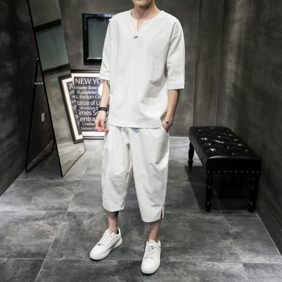 One-piece delivery men's cotton and linen Chinese style embroidered buckle plus size cropped pants short sleeve suit summer linen set