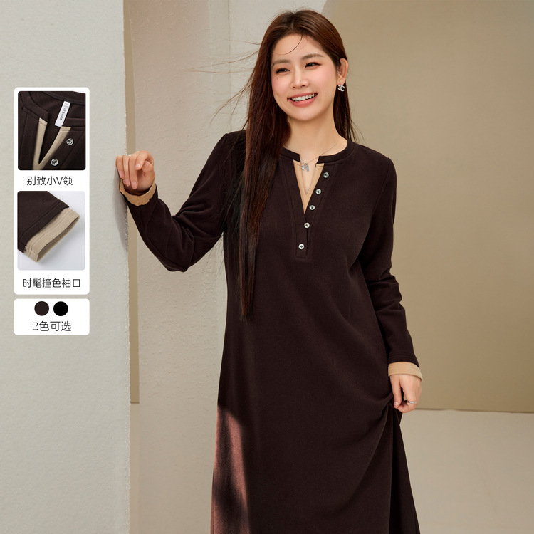 Fiber Show Large Size Women's Slack and Chic Contrasting Color Casual Personalized V-neck Dress Fat mm2024 New Winter Style