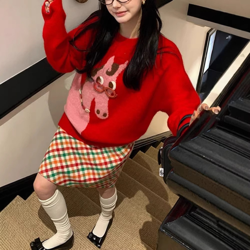 Ouyang's'Fortune and Good Luck Horse' Heavyweight Handmade Product! Autumn and Winter Must-Have Small Horse Embroidered Mohair Wool Sweater