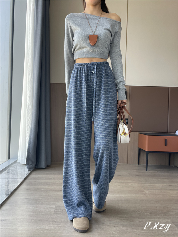 010 女士2025秋季新款卫裤高级感松紧腰垂感阔腿长裤女条纹休闲裤|undefined