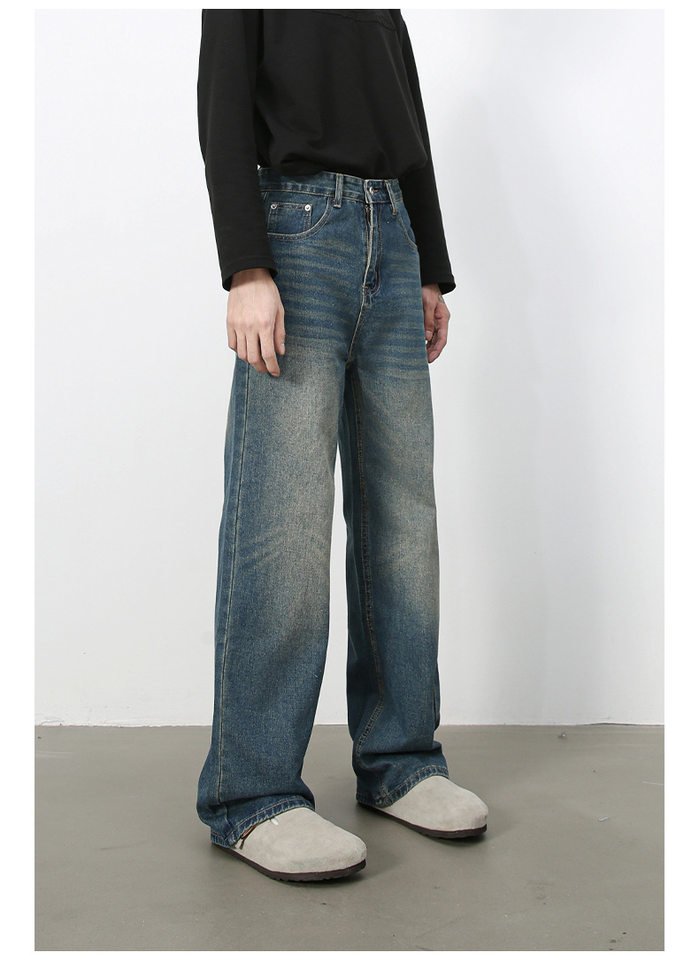 Quần jean nam ống rộng suông thẳng phong cách Mỹ, denim wash đơn giản — màu xanh, màu xanh nhạt chi tiết 7