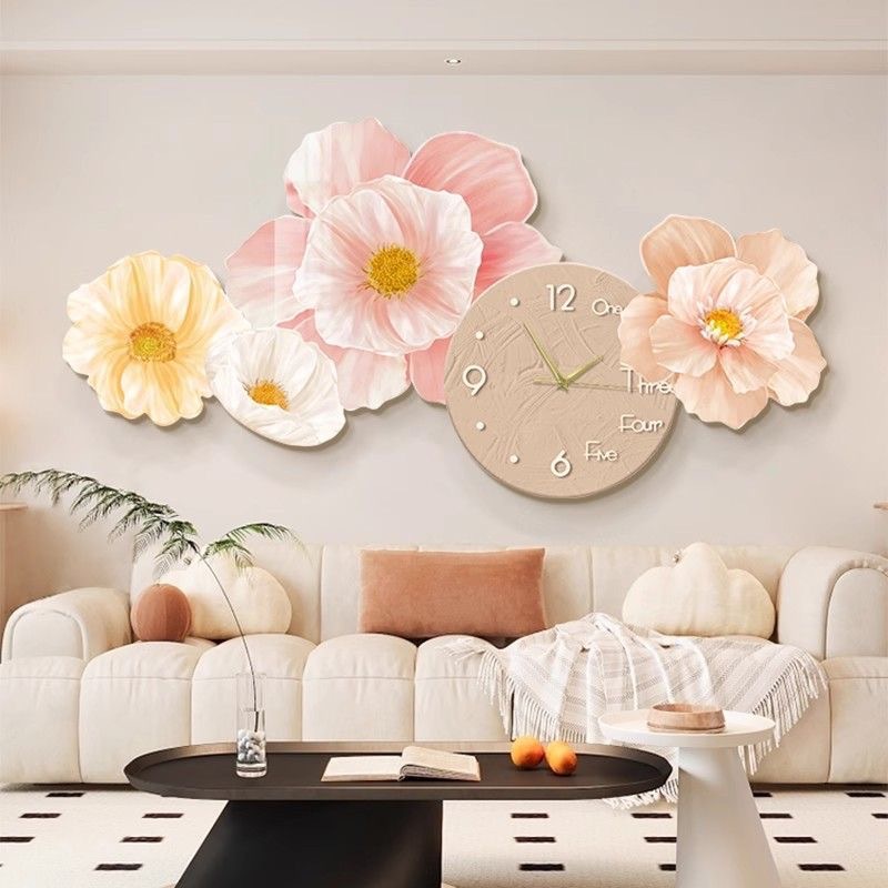 Cream viento sala de estar decoración pintura de fondo sofá colgar pintura de pared con reloj moderno minimalista floral LED pintura de lámpara luminosa