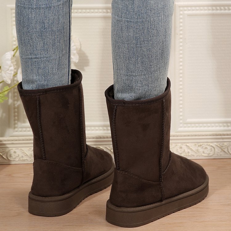 Botas de nieve para mujer, nuevo estilo de otoño e invierno, manga corta de felpa artificial, cabeza redonda, suela plana, parte superior media_voghion.com
