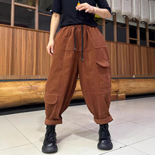 水洗棉加绒哈伦裤女 2025冬新款松紧腰复古宽松保暖长裤 8781