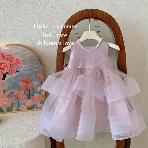 Korean style children's clothing girls dress summer style 2024 baby girl new splicing mesh suspender sweet dress