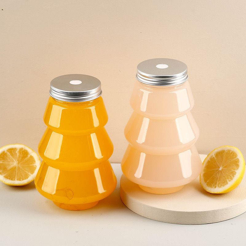 圣诞节创意饮料瓶一次性透明果汁杯铝盖500mlPET圣诞树奶茶瓶