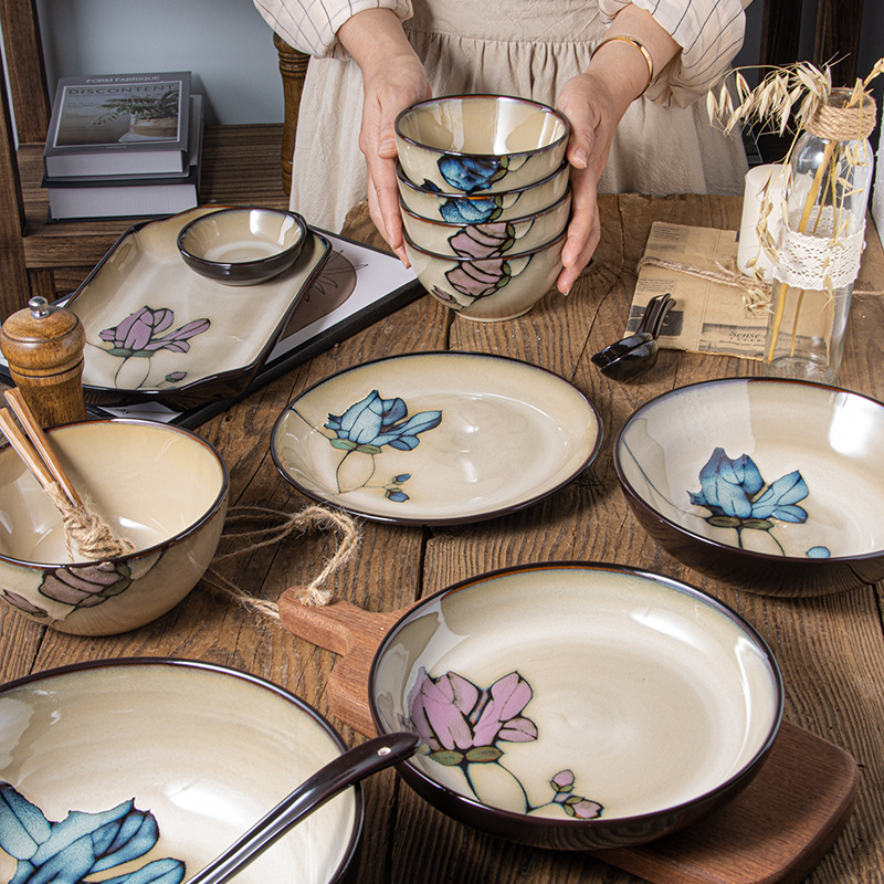 Japanese-Style Minimalist Underglaze Color Tableware Creative Hand-Painted Western-Style Plates Home-Use Rice Bowls Deep Plates Noodle Bowls Fish Plate Set Japanese-Style Minimalist Underglaze Color Tableware Creative Hand-Painted Western-Style Plates Home-Use Rice Bowls Deep Plates Noodle Bowls Fish Plate Set