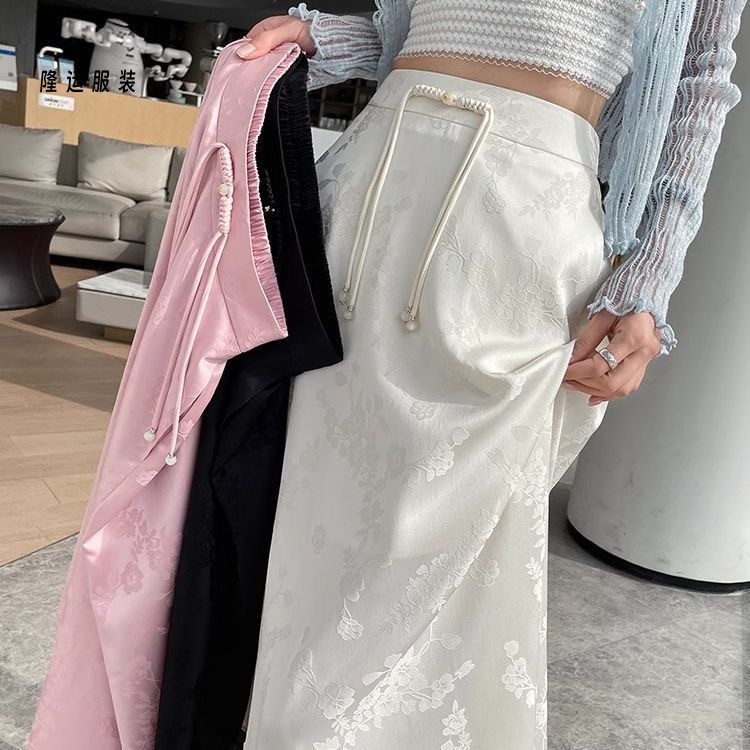 Summer Retro Chinese-Style Satin Jacquard Half-Length Skirt, High-Waisted Spring-Summer Slimming and Elegant Mid-Length Skirt