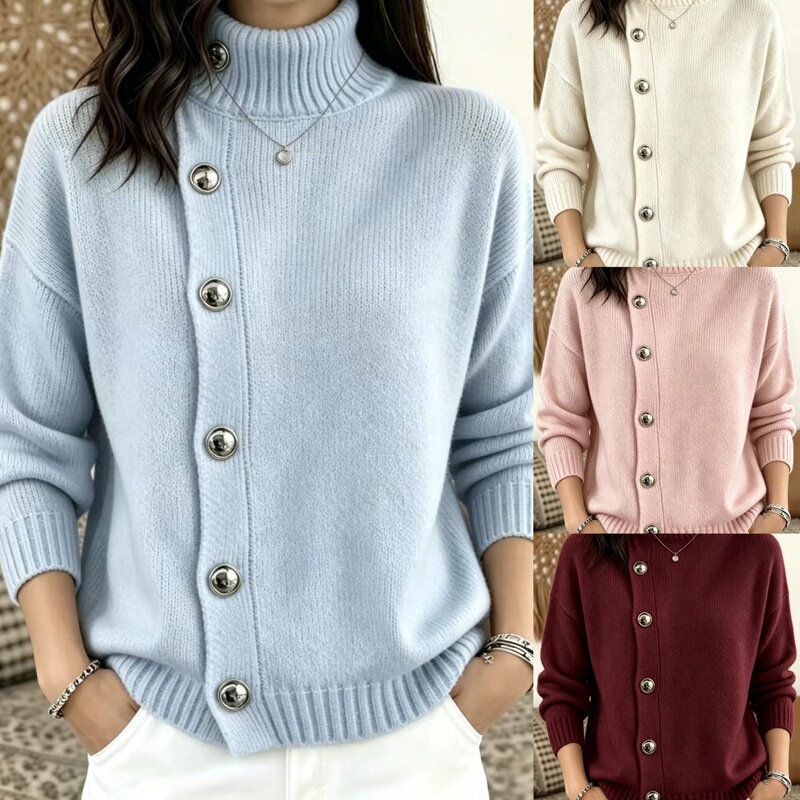 In stock 2026 European and American autumn/winter new style metal button solid color turtleneck vertical button sweater Amazon cross-border women's clothing In stock 2026 European and American autumn/winter new style metal button solid color turtleneck vertical button sweater Amazon cross-border women's clothing