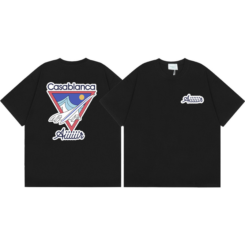 クロスボーダー2025夏服カサブランカドア枠ロゴプリント男女ゆるい半袖tシャツ重ポンド綿|undefined