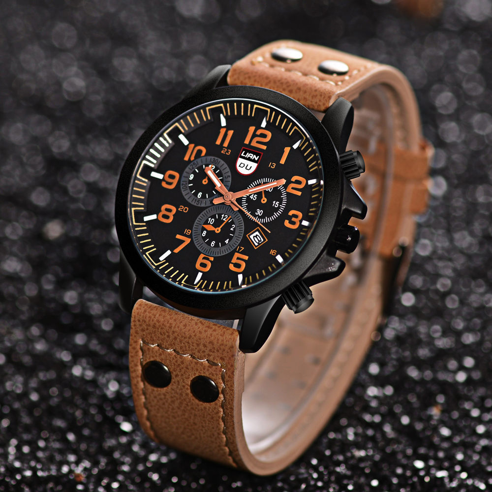 Men's Belt Quartz Watch Three Eyes Fashion Calendar Watch Double Nail PU Men's Watch Batch_voghion.com