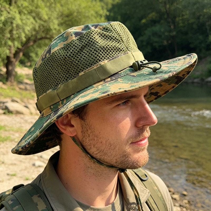 Summer Mesh Sun Hat, Round-Brimmed Hat, Camouflage Beanie Hat, Sun Protection Fisherman Hat, Outdoor Quick-Drying Mountaineering Fishing Hat