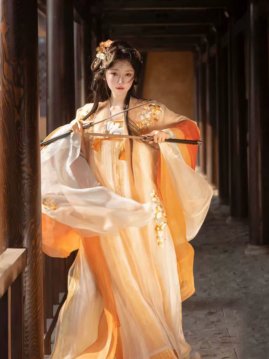 Оригинальный Hanfu женский нефритяный Сун Тан система одно полотно вышивка, грудь супер фея, плотная работа, вышивка большой рукав весна и лето комплект