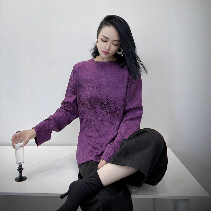 深圳南油2025早秋新款复古铜氨丝提花上衣优雅气质衬衣长袖不退换|undefined