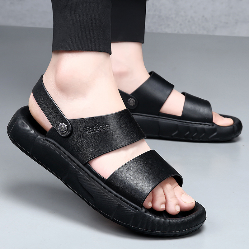 Summer Genuine Leather Sandals For Outdoor Wear, Non-Slip Soft Sole Beach Shoes, Men's Top Layer Cowhide Trendy Dual-Use_vogvips.com