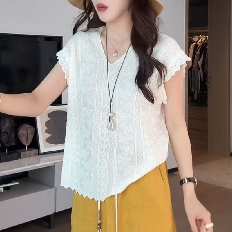 Áo thun nữ cổ V ngắn tay dệt kim Jacquemard phong cách Pháp, form rộng suông che khuyết điểm — 965 # Khí chất đen [chất lượng cao] Nhẹ và thoáng khí, 965 # ánh trăng trắng [chất lượng cao] rộng rãi gầy chi tiết 4