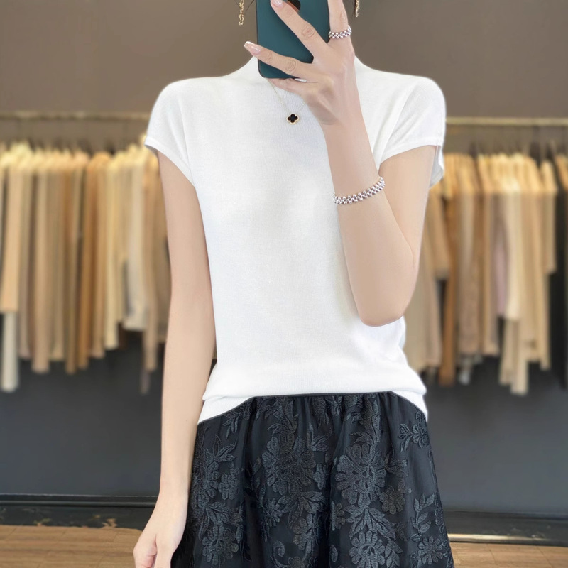 2025 Summer New Tencel Half-high Neck Short-sleeved Vest Women's Base Shirt Mid-neck Thin Knit Top