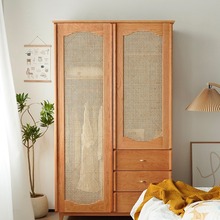 北欧实木衣柜 现代简约储物柜家用卧室樱桃木复古藤编衣橱立柜