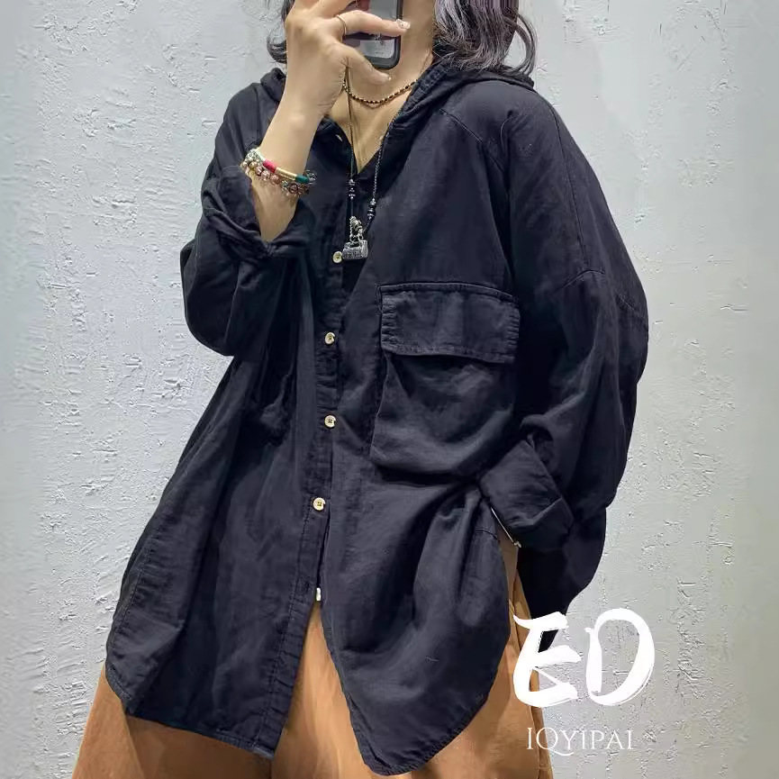 (2개) ED8967 더블 레이어 코튼 대마 모자 느슨한 대형 에디션 셔츠 2023 새로운 솔리드 컬러 패션 캐주얼 카디건 재킷