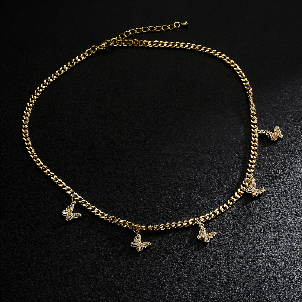 European and American copper micro-inlaid zircon butterfly copper necklace