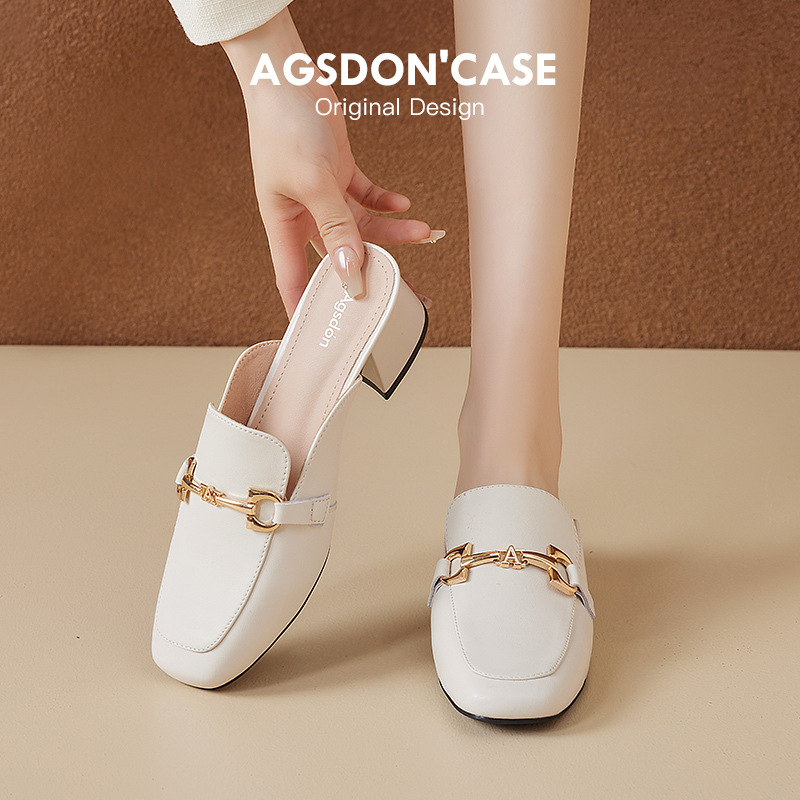 Augustion medias pantuflas de tacón grueso para mujer 2025 verano nuevo estilo Baotou Muller sandalias de tacón alto de cercanías