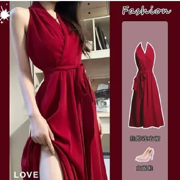 纯欲风红色挂脖连衣裙女2025早春新款a字御姐收腰绑带修身中长裙|undefined