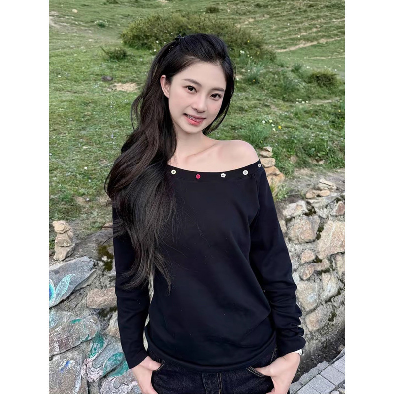 美式复古黑色斜肩长袖t恤女2025新款设计感修身显瘦辣妹露肩上衣|undefined