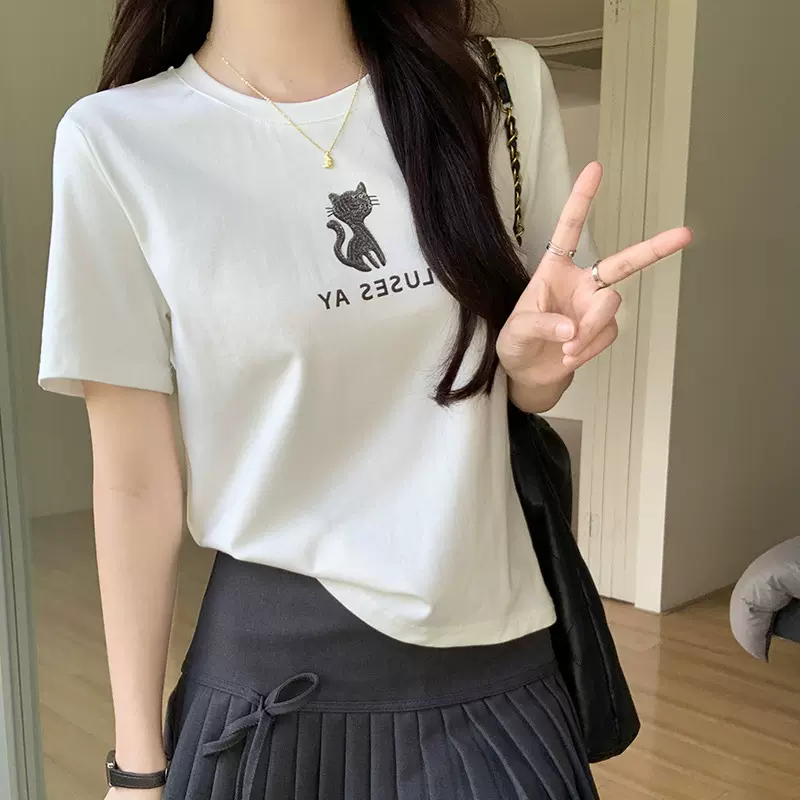 刺绣2025夏季白色短袖T恤女设计感气质时尚休闲修身上衣潮牌潮款