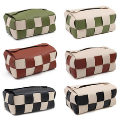 黑白棋盤格編織紙巾盒 家居客廳皮革撞色抽紙盒  方形車載紙巾袋