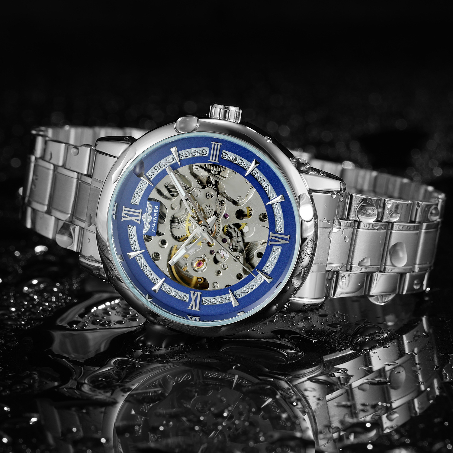 T-ganador nuevo estilo europeo y americano de moda de los hombres reloj mecánico automático reloj hueco-fuera transparente Fondo tallado literal