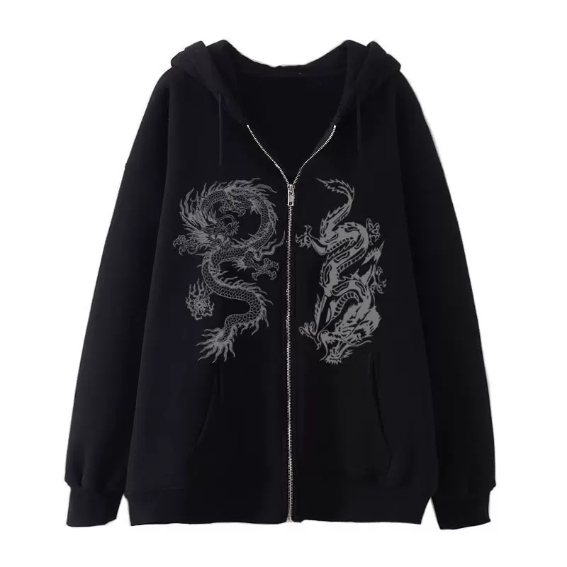 2025亚马逊女装龙纹印花拉链卫衣欧美街潮hoodie潮流宽松抓绒外套