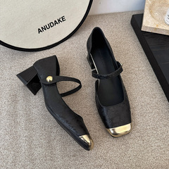 新中式國風瑪麗珍鞋女小香風單鞋2024夏新款方頭氣質高跟鞋小皮鞋