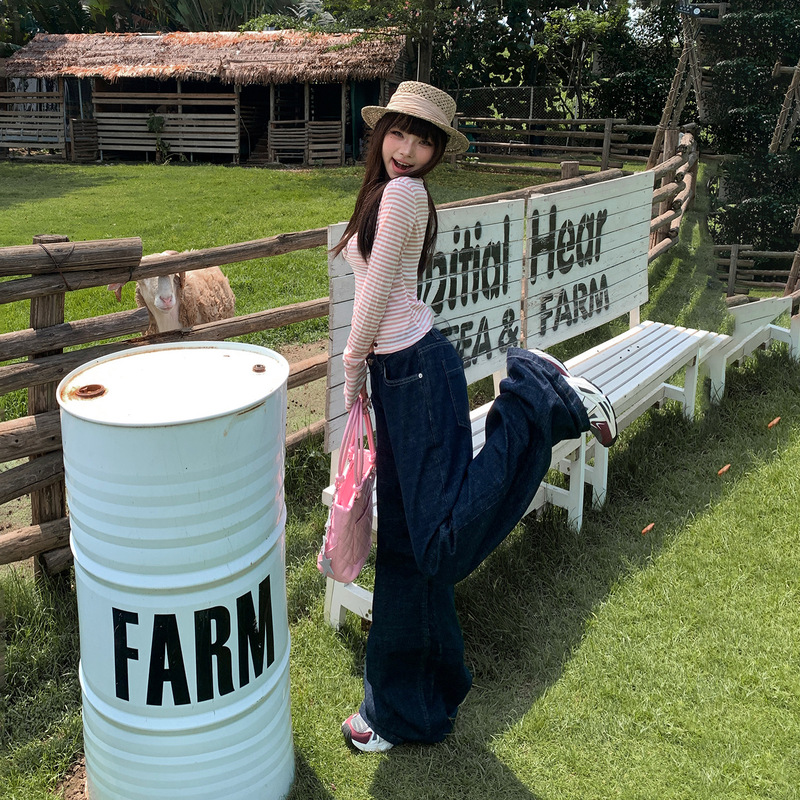 【今茵】美式复古低腰辣妹宽松微喇裤百搭显瘦不贴腿牛仔裤女新款|undefined